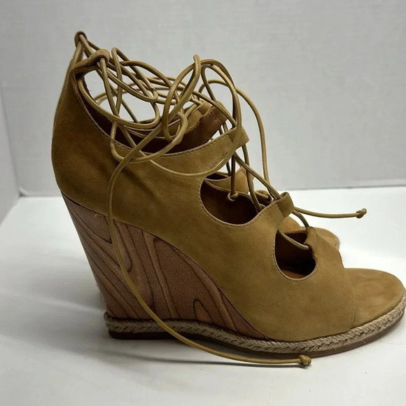 Tory Burch Raya Suede Lace Up Wedges Heeled Heels Tan Brown Open Toe Sandals 9.5 - Picture 5 of 10
